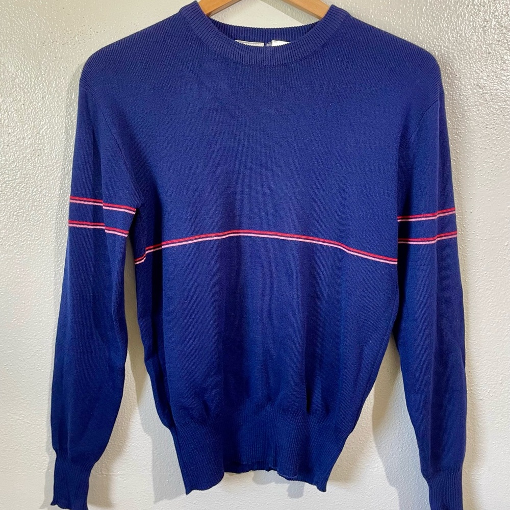 Wool Crewneck Sweater Blue Stripe Layer Large Apres Ski Chalet Alpine Obermeyer